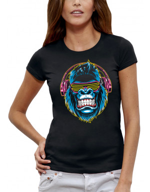 T-shirt Femme GORILLE FLUO CASQUE DJ