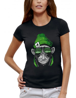 T-shirt Femme SINGE BONNET VERT ET CASQUE DE DJ