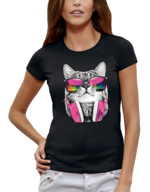 T-shirt Femme CHAT LUNETTES ET CASQUE DE DJ