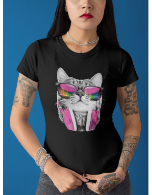 T-shirt Femme CHAT LUNETTES ET CASQUE DE DJ