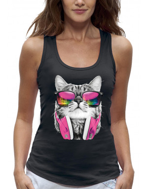 Débardeur femme CHAT LUNETTES ET CASQUE DE DJ