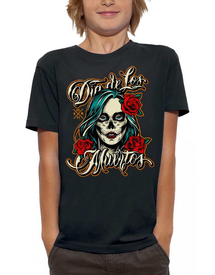 T-shirt enfant DIA DE LOS MUERTOS ROSES ROUGES