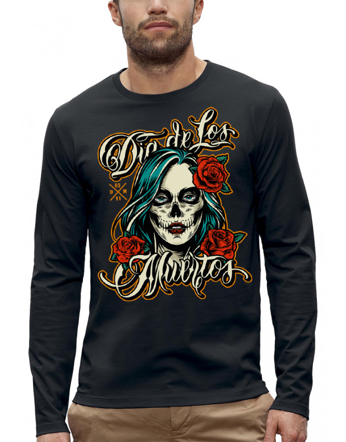 T-shirt DIA DE LOS MUERTOS ROSES ROUGES - Manches longues