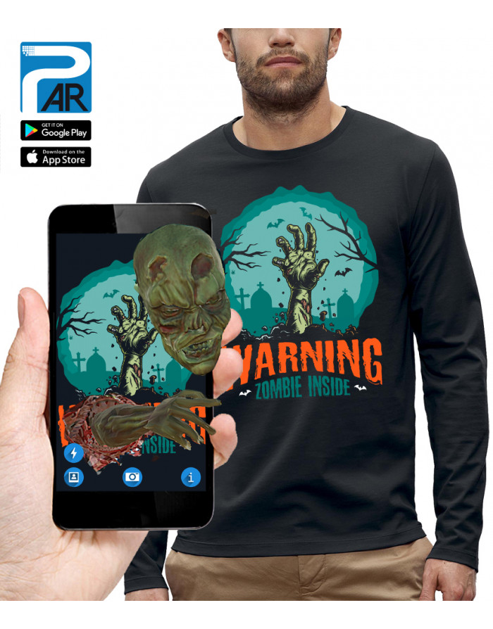T-shirt ML 3D animé WARNING ZOMBIE INSIDE