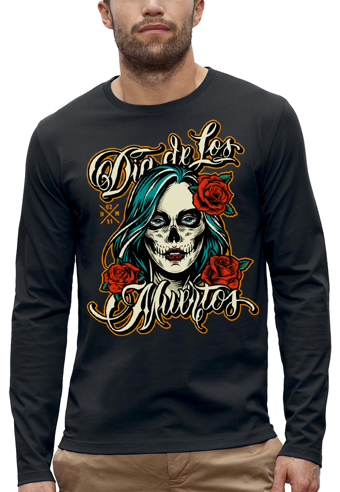 t-shirt-manches-longues-homme-noir-dia-de-los-muertos-roses.jpg